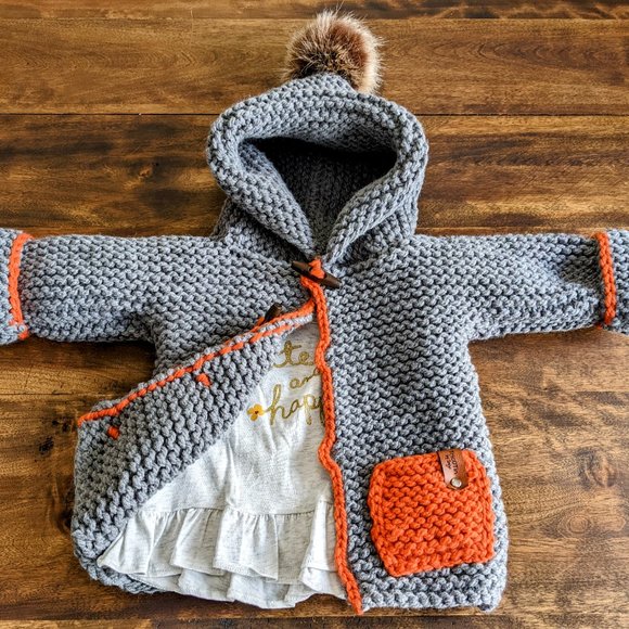 Hand knitted Dark grey coat with cape and pompom - Picture 6 of 9